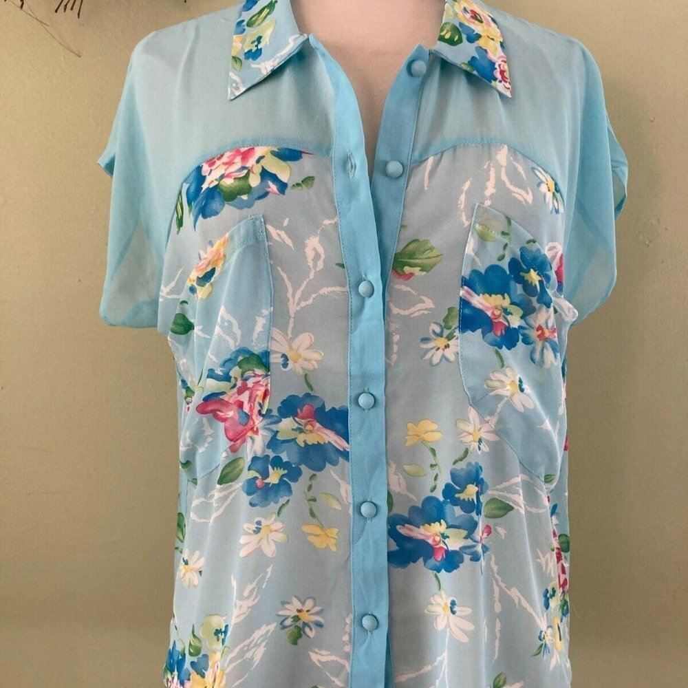 Fashion Blvd. Sheer Silk floral top casual Spring Summer blue NEW